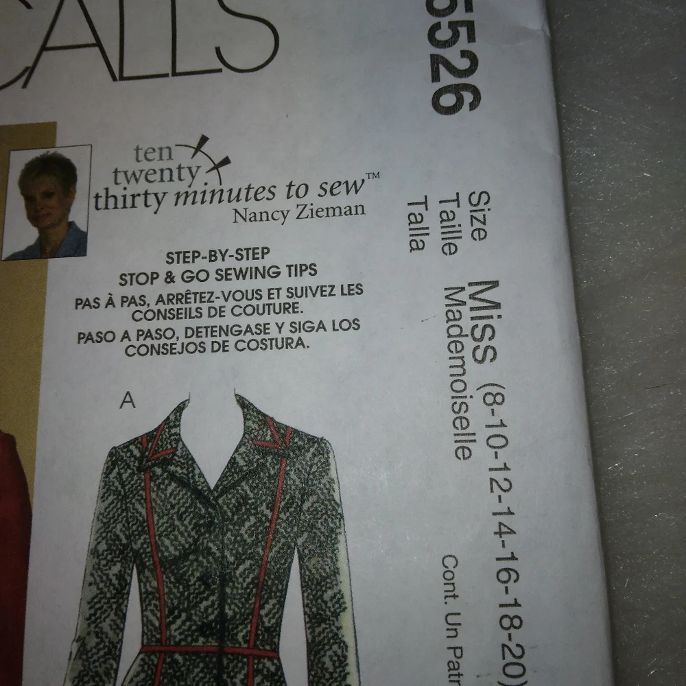 McCall's M5526 Sz 8-20 Misses semifitted unlined jacket in 2 length Nancy Zieman